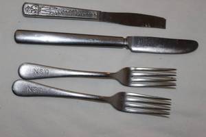 lot 67 image: Flatware with U.S.N. ingraved on the ends 2 Forks and a Butter Knife  and a Hop a Long Cassidy Butter knife, See Photos