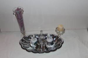lot 76 image: Silver Plated Tray, Collectable Bells and Etched Clear Crystal Vase