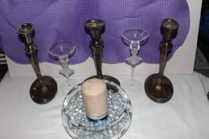 lot 77 image: Silver Plated and Crystal Candle Holders and Crystal Bowl Centerpiece