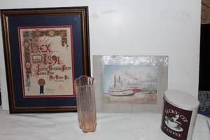 lot 80 image: Framed Reprint of Rex Ball , Vintage Crackle Depression Glass Vase and Vintage Coffee Tin