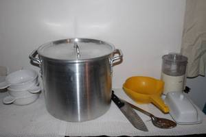 lot 45 image: Large Stainless Steele Stock pot with Lid, Soup Bowls, Covered Butter Dish Better Homes and Gardens,  Krups Food Processor, Plastic Strainer and Cooking utensils