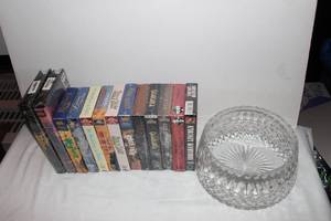 lot 57 image: Various Unopened VHS Tapes (see photos for titles) and Large Lead Crystal Bowl for Popcorn