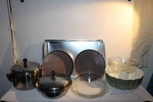 lot 47 image: Stainless Double Broiler Pot with Lids for both Pot and Double Broiler, Cake Pans, Bundt Pan and Cookie sheet