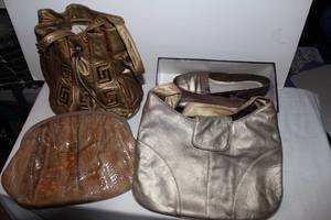 lot 92 image: Vintage Purses and Shoes, 4 Purses of Various Brands, Styles, Colors and Sizes and Womens size 7.5, Enzo Angiolini Flats