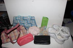 lot 93 image: Vintage Purses and Shoes, 2 Purses in Various Styles, Colors and Sizes, 3 Make up style Bags 1 is Oscar de la Renta, 1 eye Glass Case, 1 Wallet and Size 7 white tennis Shoes