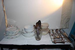 lot 98 image: Set of Silver Plate Flatware and Serving Pieces, Hand Painted in Italy Exclusively for Pier 1 Imports Dishes with Colorful Flowers, Vintage Heartland international Metal Nesting Mixing Bowls (2) with Plastic Lids