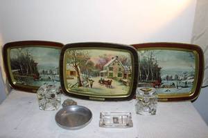lot 105 image: Vintage Alumium Trays Courrier and Ives set of 3, Clear Glass Square Candle Holders set of 2 Pewter pordige Bowl (larger in size) a Postmarked James Dean Stamp Vintage small rectangle ashtray with a hint of color peachpurple Hard to see in photos