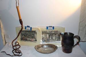 lot 106 image: Leather Bull Whip, 2 Vintage Prints, clock shop and Royal Tavern Silver plate on Copper Serving Bowl, shallow and Pual Rever reproduction pitcher