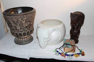lot 109 image: Elephant Dcor Items, Large Planter, Decrotive Wooden Box and Vintage Ceramic Hand Painted ZooKeeper Necklace