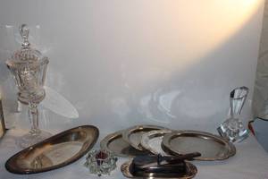 lot 110 image: Silverplate Serving Dishes and Crystal Dcor