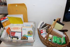 lot 122 image: Various Office Items Tons of Paper, Pencils, Pens Sissors, Tape, Staples, Envelopes, Highlighters, Wooden Letter Opener