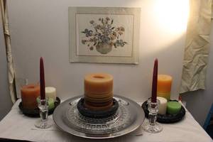 lot 133 image: Misc Home Decor Items, including crystal candle holders and candlles silver plated salt and pepper shakers and plate