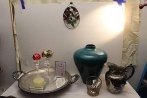 lot 134 image: Footed Silverplated serving tray and pitcher.... Candles, and other items   see pictures