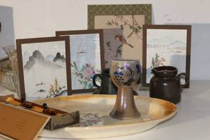lot 138 image: Asian Inspired Dcor, Including Silk Prints, Chop Sticks in Orginal Box, Pottery from Germany and More
