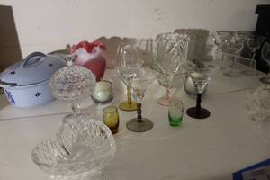 lot 141 image: Vintage Enamel Coated Casserole Dish with Lid Made in Holland, Various Glassware and Crystal Vases, Fenton Cranberry Opalascent Vintage Hobnail 8 inch Double Crimped Vase