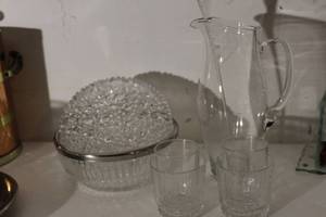 lot 143 image: Clear Glass Lot, Including Tall Pitcher and Stir Stick, 4 Glasses in 2 different sizes and large bowl with silver rim, Vintage (1960s) Planfonier Staff flush Mount Ceiling Lamp Approximatley 40 x 15 cm