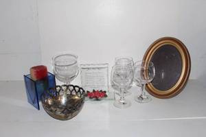 lot 144 image: Home Dcor Items Glasses, Candle, Silver plate Bowl and more see photos