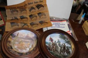 lot 148 image: Vintage Bradford Exchange Limited Edition Collectors Plate, Robert Lee and Scenic Plate both with Hanging Frames, Vintage Flag History and never used American Flag