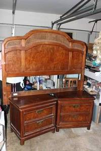 lot 220 image: Thomasville Queensize Headboard, Nightstands, and metal Bedframe