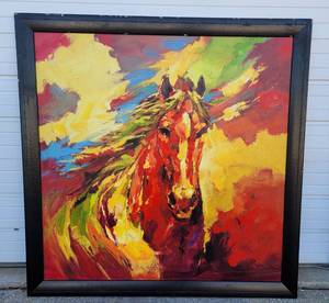lot 2 image: LARGE 54 W x 54 H FRAMED HORSE PAINTING AS SHOWN.