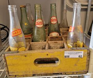 lot 62 image: VINTAGE WOODEN COCA-COLA CRATE PLUS VINTAGE BOTTLES AS SHOWN.