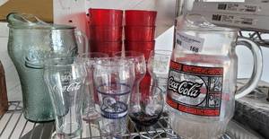 lot 168 image: COCA-COLA GLASS PITCHERS, GLASSES AND MORE AS SHOWN.