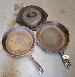 lot 240 image: (2) CAST IRON SKILLETS AND MORE AS SHOWN. (SOLD 2 X THE MONEY)