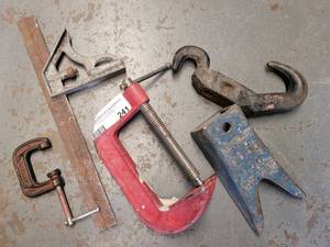 lot 241 image: TOOLS INCLUDING C CLAMP AND MORE AS SHOWN.