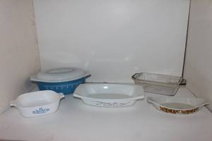 lot 14 image: vintage corning ware dish, capri cook n serve, pyrex clear glass loaf pan and Vintage Pyrex Snowflake 2 quart casserole dish with lid