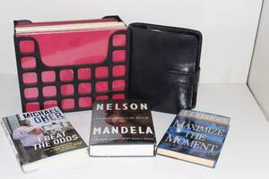 lot 26 image: File Folders (SIP), Hanging Folders and Plastic File Caddy, Franklin Covey Leather Planner Book, 3 Hardback Books Michael Oher, Nelson Mandella and TD Jakes