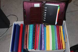lot 27 image: Banker Box of expanding File Folders Previously loved but in good shape (21 slots) File Jackets, File Folders and More, Franklin Covey Leather Address Book