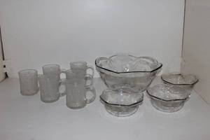 lot 38 image: Vintage Depression Clear Glass Serving Bowl, Mugs and SaladFruit Bowls