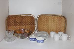 lot 40 image: Vintage Depression Indiana Glass Fruit Design Serving Bowl, Bamboo Trays, Gibson Coffee Cups and Saucers, with Fruit Design Vintage Old Blue Willow Creamer and Sugar Set , Depression Glass TeaWater Glass and Bowl with Fruit Design