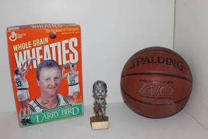 lot 55 image: Vintage, unopened Larry Bird Wheaties Box, Spalding Basket Ball and Basket Ball Trophy
