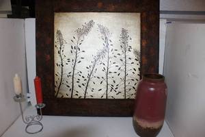 lot 63 image: Home Decor Items 12x12 Framed art, Tall ceramic vase and Candle holder and candles