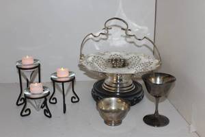lot 68 image: Silverplate Items, small Paul Revere Bowl, cup,  and Unique Candel holders and more