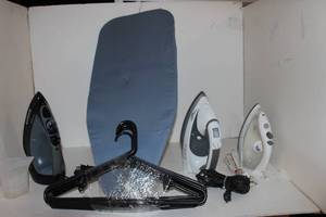 lot 76 image: Irons and compact ironing board, and plastic hangers