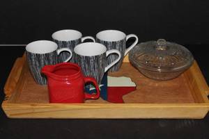 lot 112 image: Wooden Tray with State of Texas Hand Painted, Coffee Mugs, Ceramic Pitcher and Covered candy dish