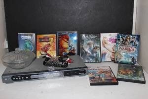 lot 164 image: Magnavox DVD Player, DVDs and Covered Candy Dish
