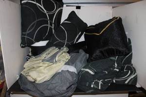 lot 203 image: Queen Bed Set, Flat and Fitted sheets, Two Pillow Cases, Dust Ruffle, Comforter, Throw pillows and more