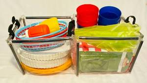 lot 12 image: Camping Supplies, Condiment Bottles, Paper Plates, plate holders, Protective Food Tents, Tablecloth