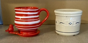 lot 32 image: Longaberger Salt Crock with Lid and Cardinal Cup Holder, Cup by Temptations