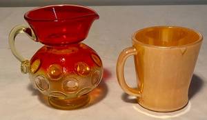lot 49 image: Kanawha Retro Amberina Coin Dot and Glass Mini Pitcher & Vintage Fire King Glass Peach Lustre Coffee Cup