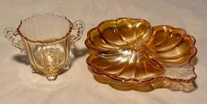 lot 50 image: Vintage Amer Cambridge Footed Sugar and Carnival Glass Sherbet Colored Candy Dish