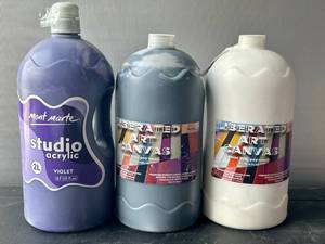 lot 140 image: Acrylic Paint - 3 2 liter Bottles Black, White & Purple