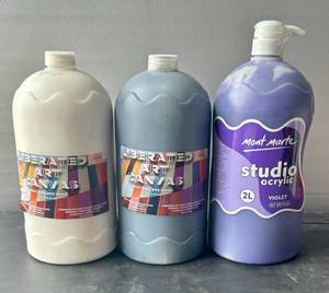 lot 131 image: Acrylic Paint - 3 2 liter Bottles Black, White & Purple