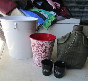 lot 62 image: Black Maestro Dobel shot glasses qty 2, ,red heart tin, canteen bottle, white ice bucket no lid