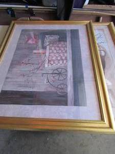 lot 63 image: Gold framed art by Vivian Flash size 3225--- Framed art by Vivian of wooden chair and duck and a planter pot qty 2 by same arthur size 3225