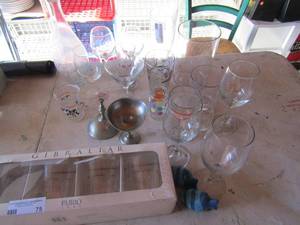 lot 75 image: Lot with DE canisters, wine glasses, root beer mug, beer mugs and more, also a set of blue fish S&P shakers, new set of Gibritarl glasses contains 4