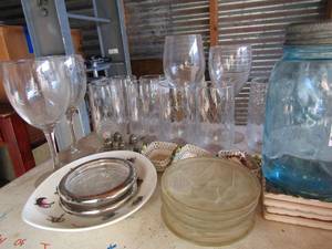 lot 79 image: Various glass lot, wine glasses, mason jar, juice glasses, drink coasters of all types